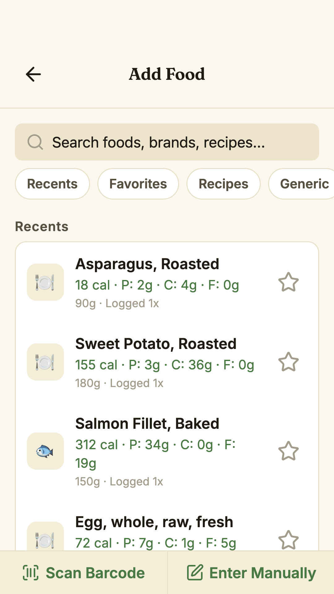 Wholesum add food screen with recent foods and a barcode scanner