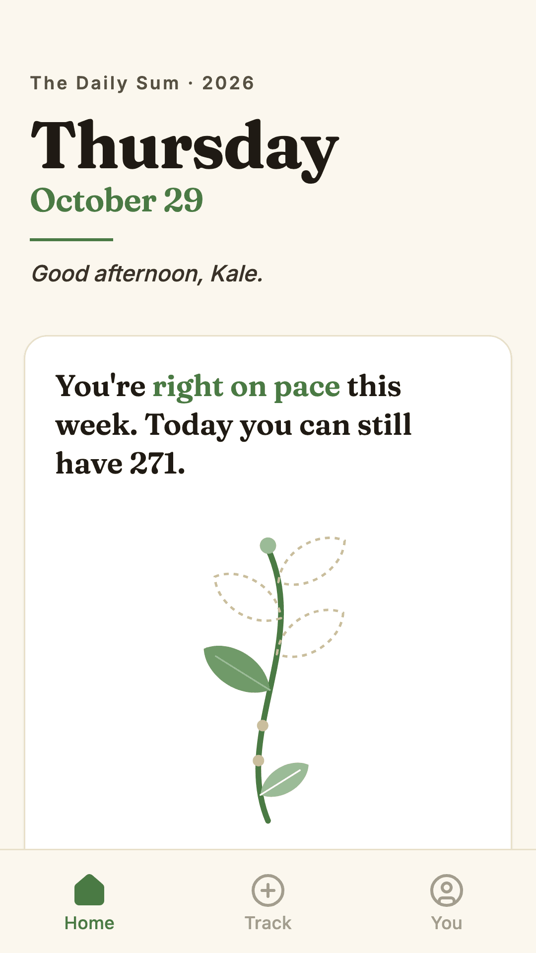 Wholesum home screen with a weekly progress plant